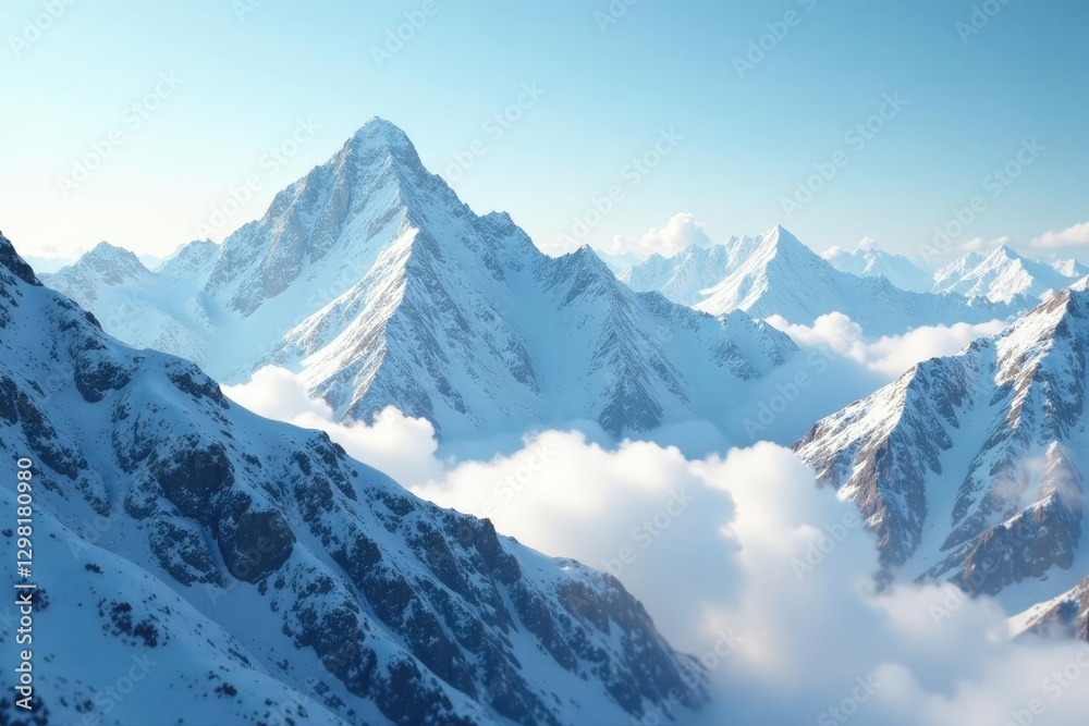 Fototapeta premium Soft white clouds drift across snow-capped mountains, snow capped peaks, peaceful, serene