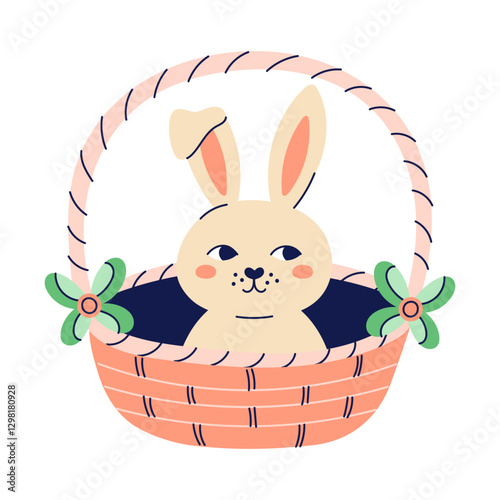 Cute hare sitting in wicker basket. Happy Easter hand drawn card. Flat illustration with partial outline. Isolated vector illustration.