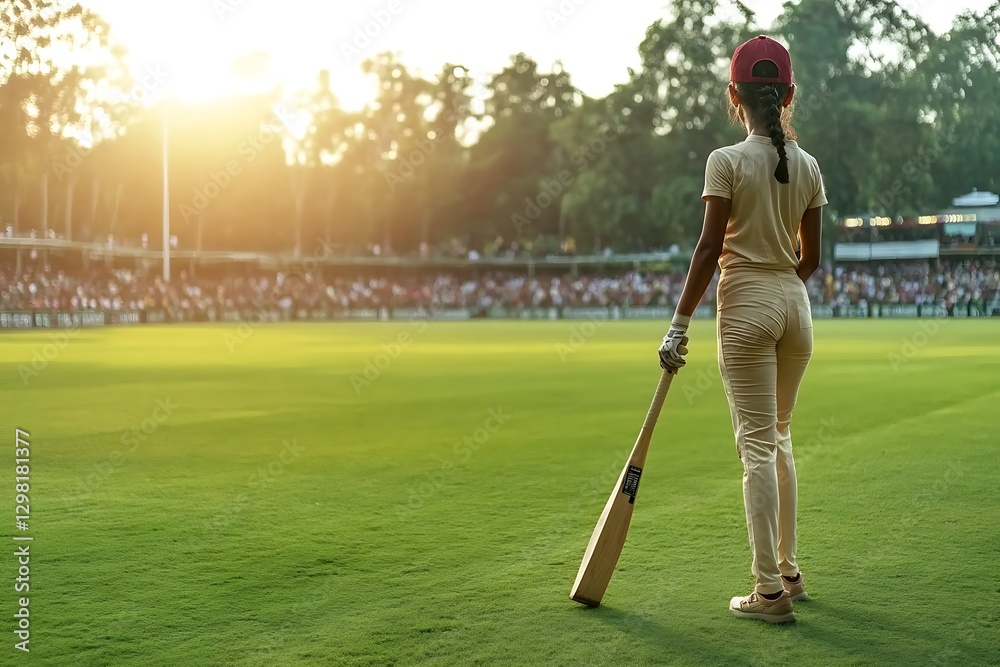 Obraz premium A young woman cricketer stands on the field, holding her bat, ready to face the bowler, under a warm golden sunset on a sunny afternoon.
