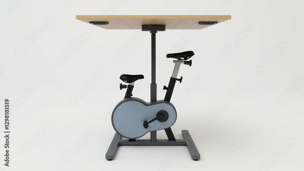 Under Desk Bike. Exercise bike with adjustable wooden desk attachment, indoor fitness workstation setup, home office or gym environment, modern minimalist design, white background, healthy lifestyle Under Desk Bike. Exercise bike with adjustable wooden desk attachment, indoor fitness workstation setup, home office or gym environment, modern minimalist design, white background, healthy lifestyle