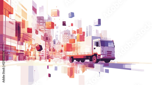 The image presents a stylized illustration of a delivery truck driving through an abstract cityscape. The city is depicted with fragmented, colorful cubic shapes suggesting buildings and
