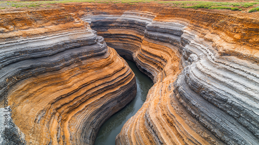 Aerial view of canyon with layered rock formations and winding river Aerial view of canyon with layered rock formations and winding river