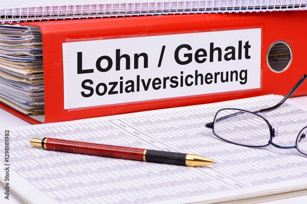 Ein Aktenordner mit Unterlagen für Lohn, Gehalt und Sozialversicherung liegt neben einer Zahlentabelle