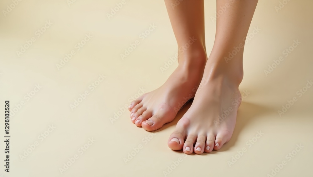Wide Toe Shoes. Bare feet of woman with pink nails are standing on beige surface Wide Toe Shoes. Bare feet of woman with pink nails are standing on beige surface