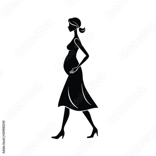 Elegant Pregnant Lady Silhouette Walking Gracefully on White Background