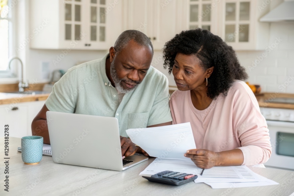Focused Couple Reviewing Finances at Home with Laptop and Paperwork in a Cozy Kitchen Setting Focused Couple Reviewing Finances at Home with Laptop and Paperwork in a Cozy Kitchen Setting
