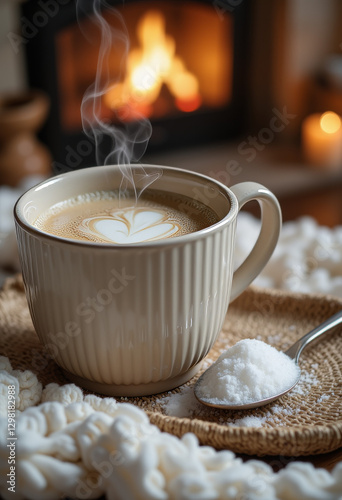 Wallpaper Mural Cozy tea cup with steaming beverage beside sugar spoon, warm ambiance Torontodigital.ca