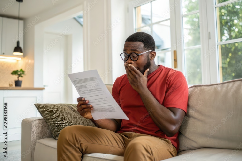 Surprised Man Reading Important Document at Home: A Moment of Unexpected Revelation Surprised Man Reading Important Document at Home: A Moment of Unexpected Revelation