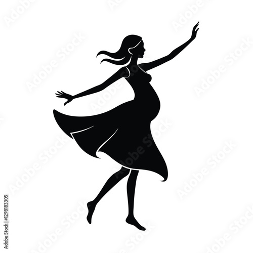 Vibrant Expectant Mom Silhouette Dancing Joyfully with Isolated Line Art