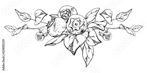 Blueberry blackberry bunch with plant leaves on branch, hand drawn in ink vector, ripe forest berry. Isolated botanical illustration garland, for restaurant, dessert cafe menu, wedding, farmers market