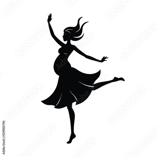 Cheerful Expectant Mom Silhouette Enjoying Dance on White Background
