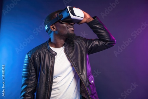 Immersive Experience: Man Wearing Virtual Reality Headset in Colorful Lighting Setting