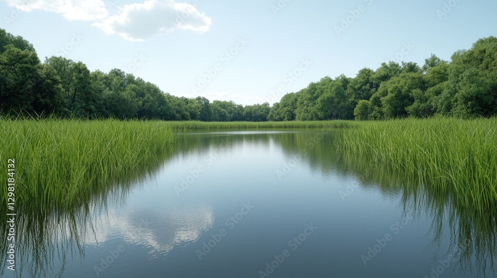 Fototapeta premium Calm lake, green reeds, summer day, forest background, nature scene