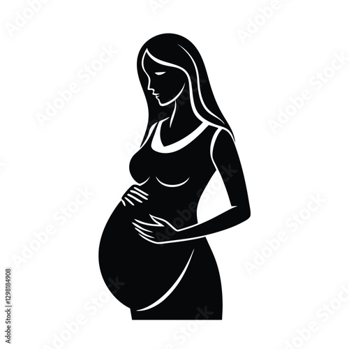 Peaceful Expectant Mother Silhouette Embracing Belly with Isolated Line Art