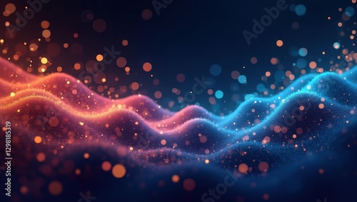 Bayesian Optimization. Colorful neon particles wave, glowing dynamic abstract flow, futuristic technology background, digital art design for presentations, websites, or science projects with dark spa