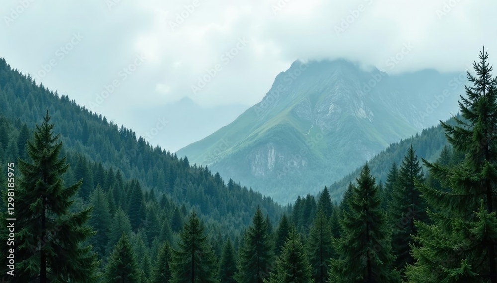 Dense forest with towering evergreen trees and misty atmosphere, rugged mountain range,, mountains, evergreen Dense forest with towering evergreen trees and misty atmosphere, rugged mountain range,, mountains, evergreen