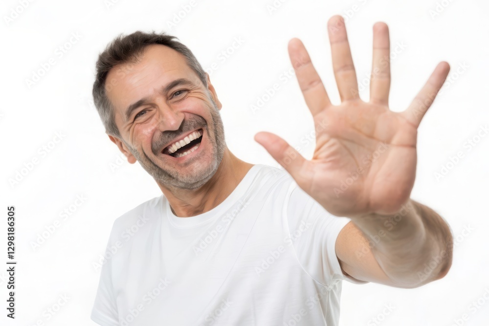 Joyful Middle-Aged Man Happily Waving in a White Shirt Against a Clean Background Joyful Middle-Aged Man Happily Waving in a White Shirt Against a Clean Background