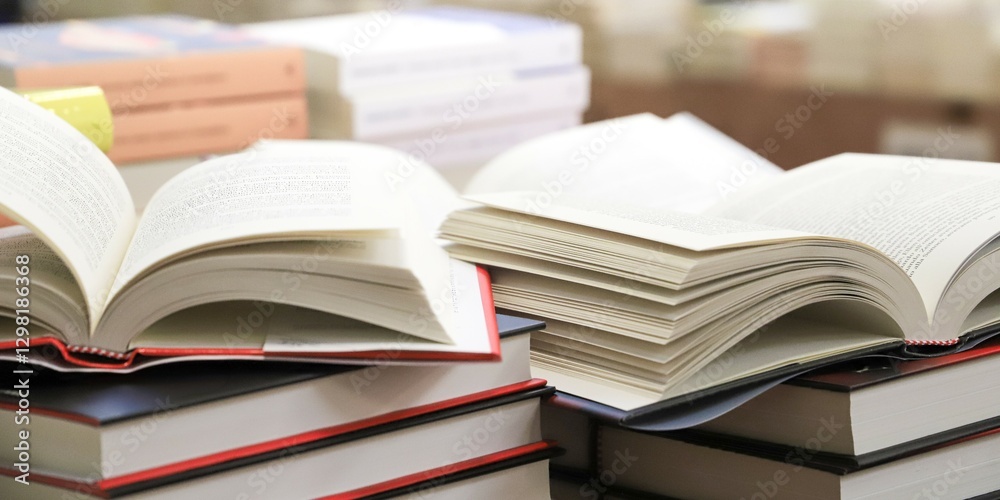 stack of books on the table. open book
