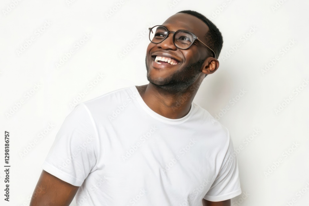 Joyful and Radiant Smiling Man in Casual Attire with Glasses Against Minimalist Background Joyful and Radiant Smiling Man in Casual Attire with Glasses Against Minimalist Background