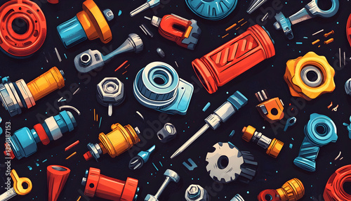 Groovy spare part and tool character seamless pattern. Fabric print pattern with auto spare parts. Seamless backdrop with vehicle engine, battery and wheel, gasket, spark plug groovy characters