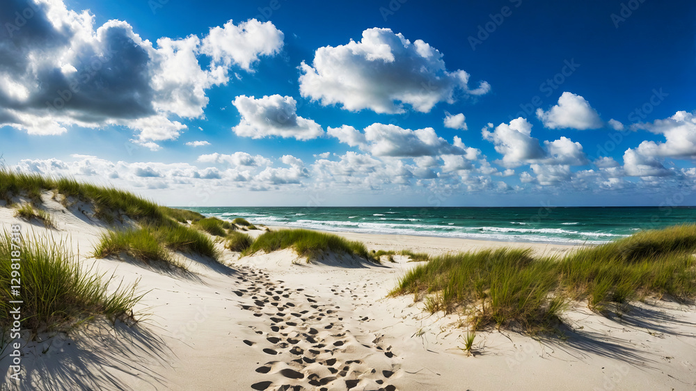 A serene beach scene, with soft, white sand dunes and blue sea in background A serene beach scene, with soft, white sand dunes and blue sea in background