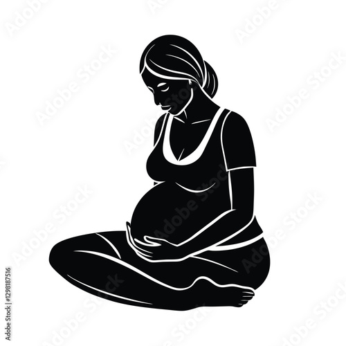 Calm expectant mother sitting on floor with arms wrapped in care silhouette