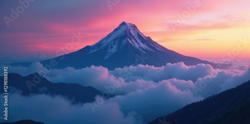 Misty clouds surround majestic mountain peak at twilight, mountain, peak