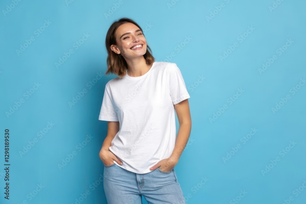 Happy Woman in White T-Shirt Posing Against a Bright Blue Background for a Joyful Photo Happy Woman in White T-Shirt Posing Against a Bright Blue Background for a Joyful Photo