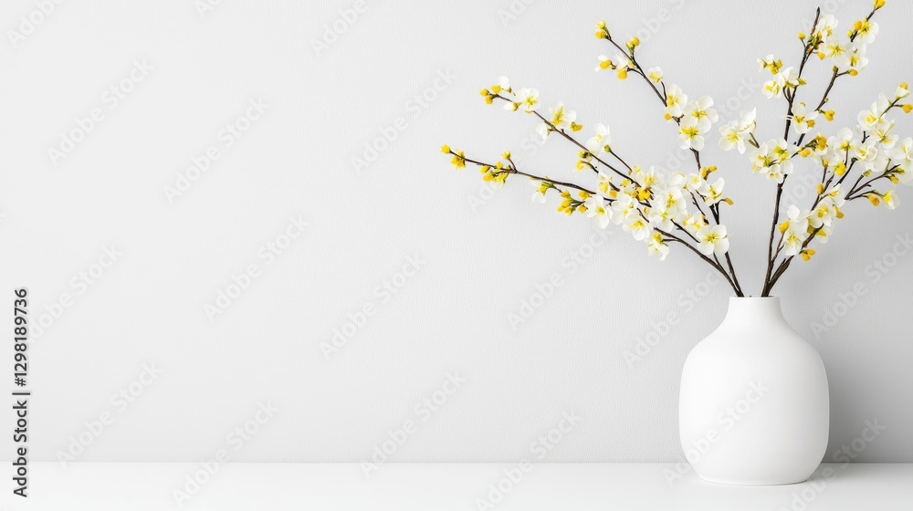 White vase with blooming branches on table White vase with blooming branches on table