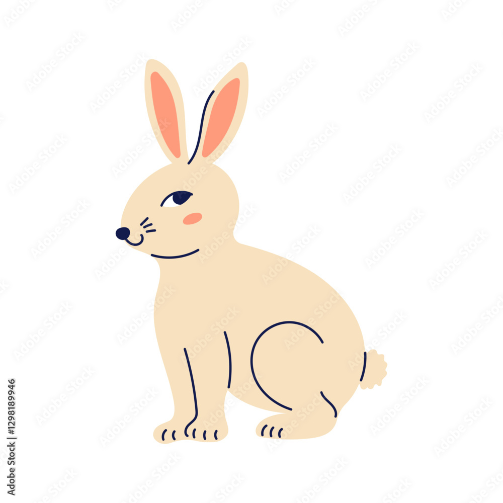 Cute hare with sly look sits sideways. Happy Easter hand drawn card. Flat illustration with partial outline. Isolated vector illustration. Cute hare with sly look sits sideways. Happy Easter hand drawn card. Flat illustration with partial outline. Isolated vector illustration.