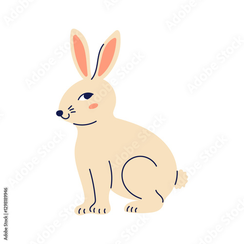 Cute hare with sly look sits sideways. Happy Easter hand drawn card. Flat illustration with partial outline. Isolated vector illustration.