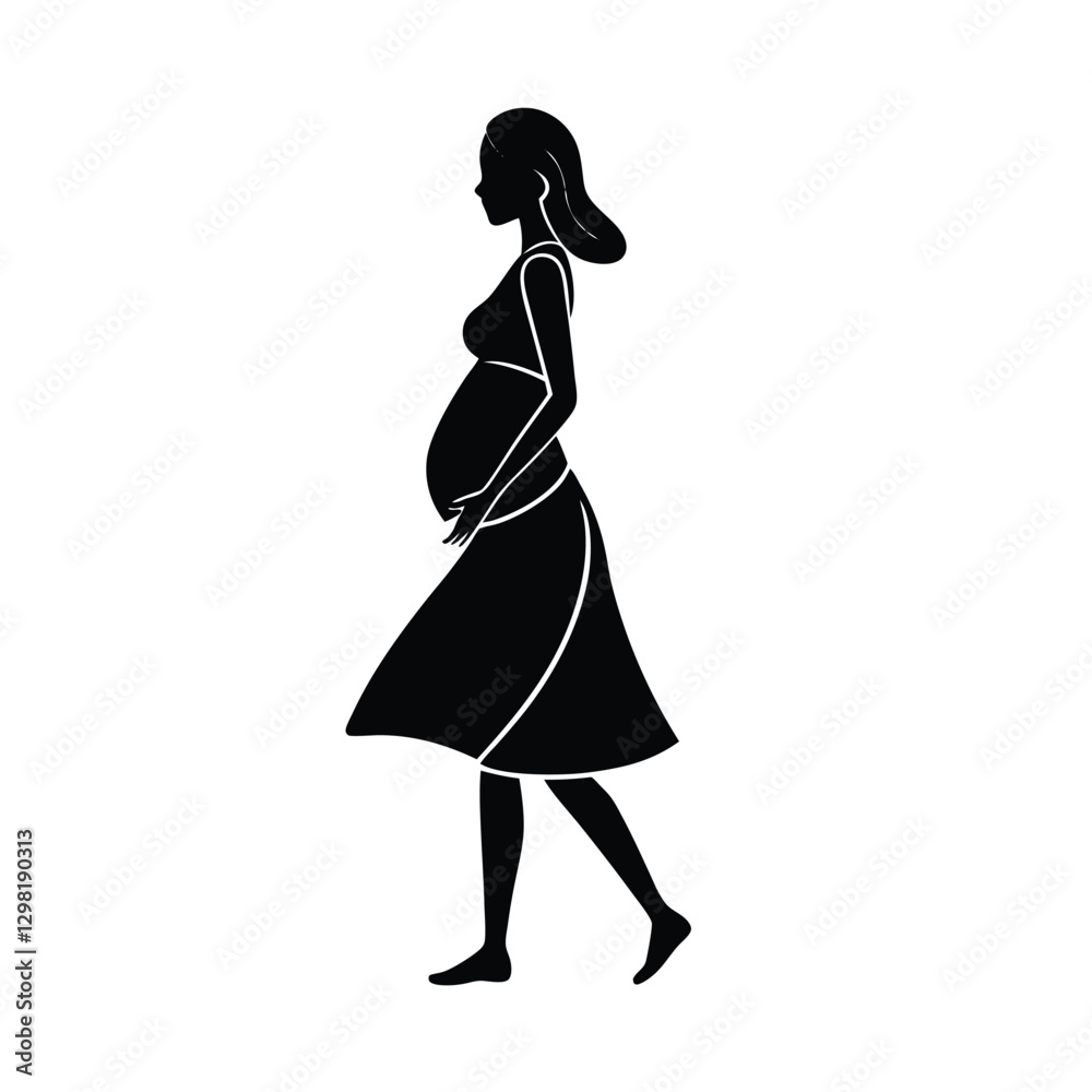 Elegant expectant mother walking with hands gently on belly silhouette Elegant expectant mother walking with hands gently on belly silhouette