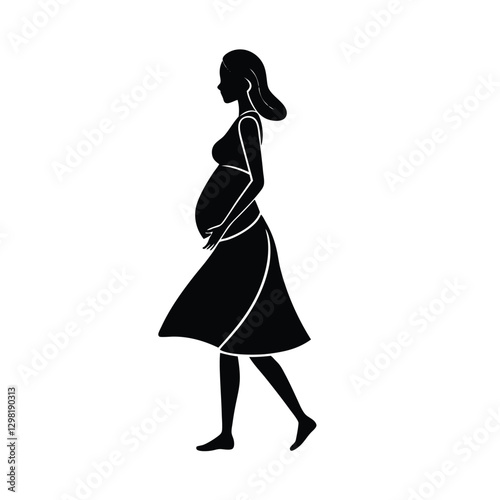 Elegant expectant mother walking with hands gently on belly silhouette