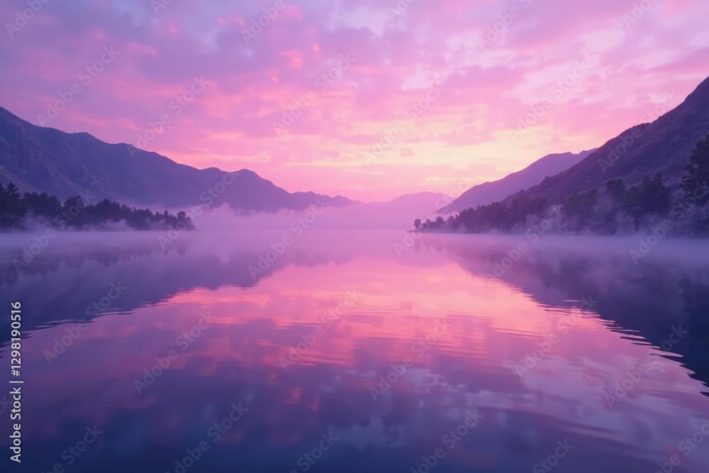 Fototapeta premium Soft purple mist rises from a desert lake at dawn, peaceful, water, serene