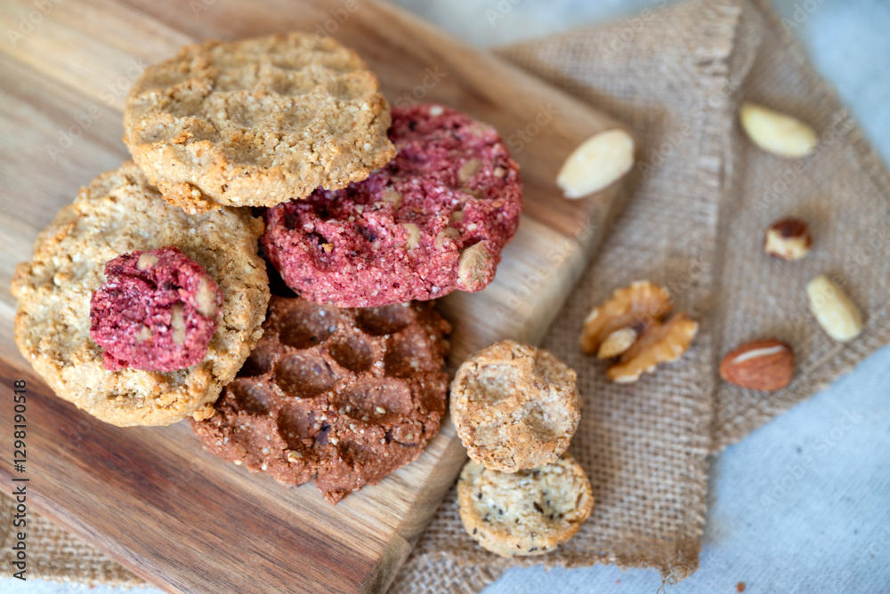 Fototapeta premium Oat cookies with nuts and seeds on shadows background