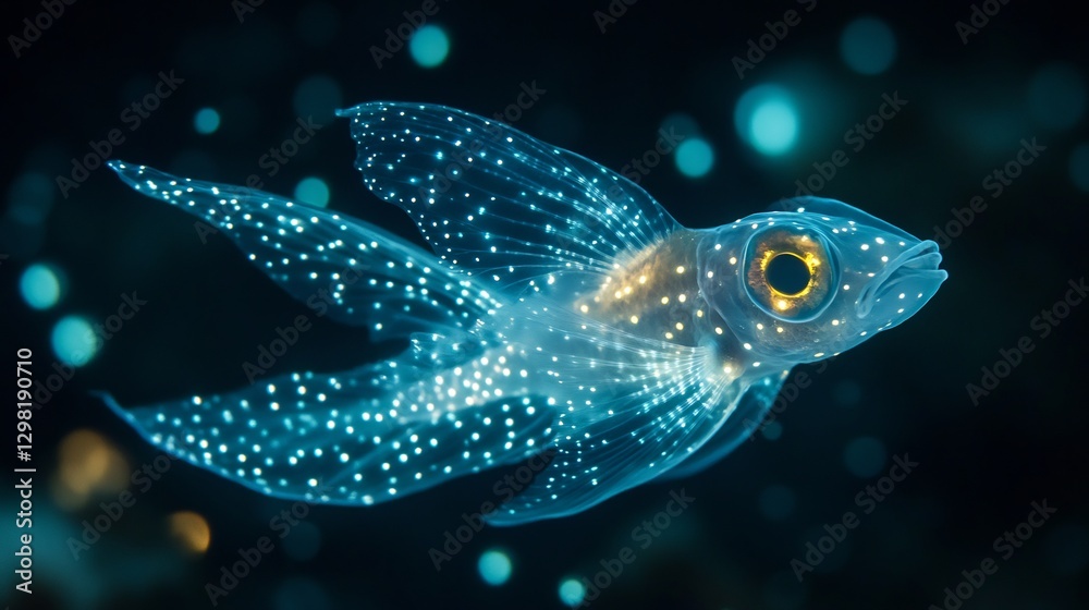 Glowing Lanternfish swimming in the deep sea tiny bioluminescent spots flickering like fireflies casting a ghostly glow in the abyssal darkness Glowing Lanternfish swimming in the deep sea tiny bioluminescent spots flickering like fireflies casting a ghostly glow in the abyssal darkness