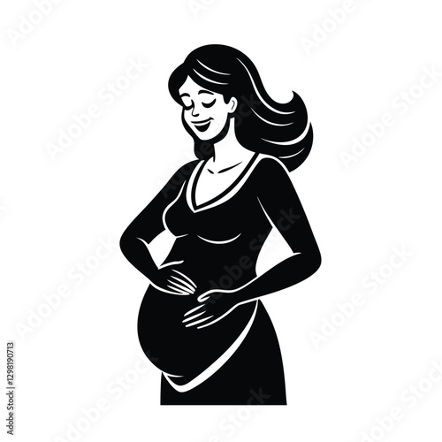 Joyful expectant mother with radiant smile touching her belly silhouette