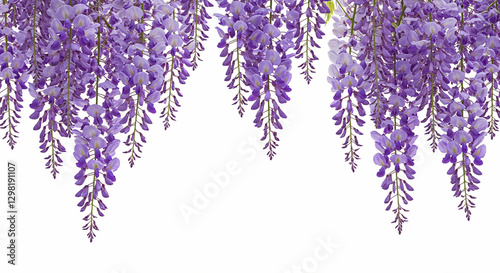 Stunning and elegant wisteria image, featuring delicate purple and lavender flowers cascading gracefully from above. The background is pure white