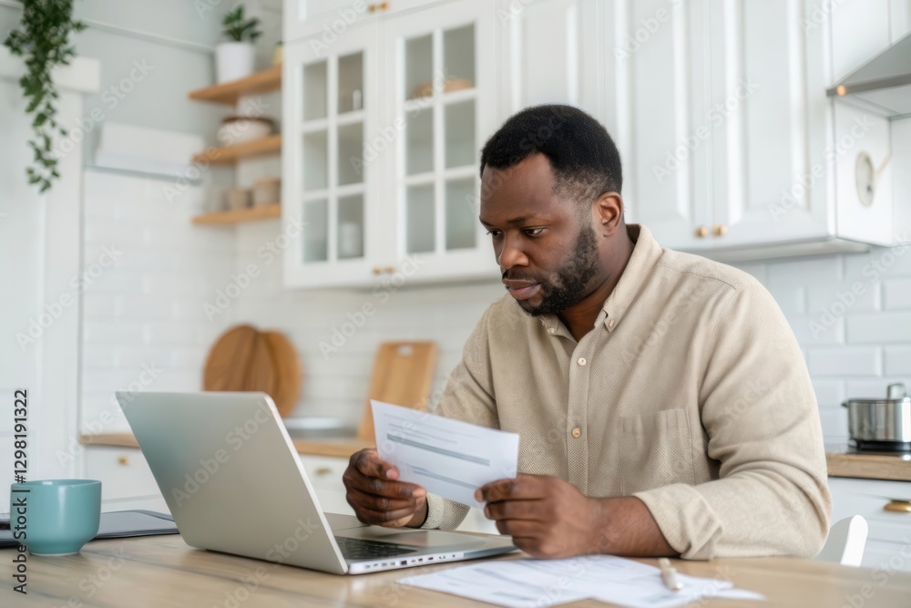 Focused Man Reviewing Important Documents While Working on His Laptop at Home Office Space Focused Man Reviewing Important Documents While Working on His Laptop at Home Office Space