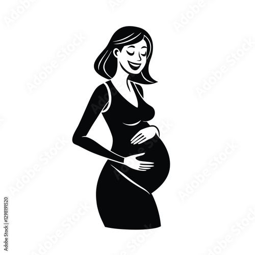 Cheerful expectant mother showing joyful expression while touching her belly