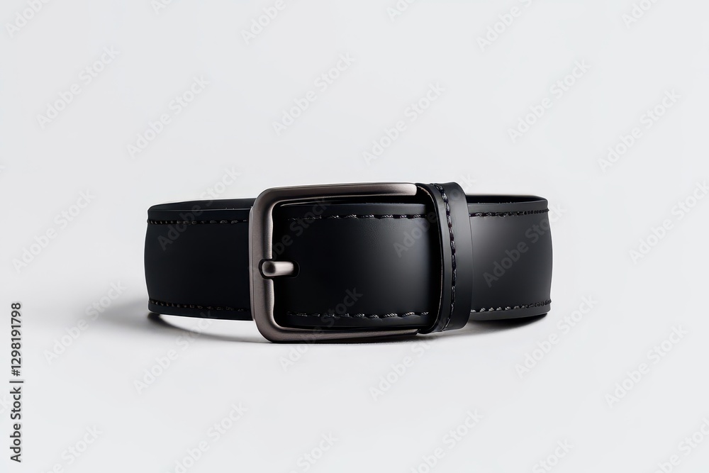 Stylish black leather belt with silver buckle resting on a clean white background for modern fashion accessories Stylish black leather belt with silver buckle resting on a clean white background for modern fashion accessories