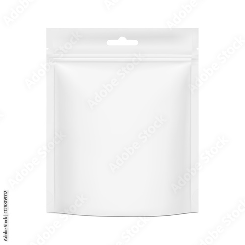 Realistic stand up pouch bag with hang slot mockup. Front view. Vector illustration isolated on white background. Ready for your design. EPS10.	