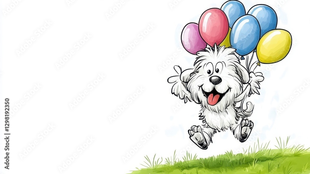 Naklejka premium Playful Cartoon Dog with Colorful Balloons in a Grassy Field