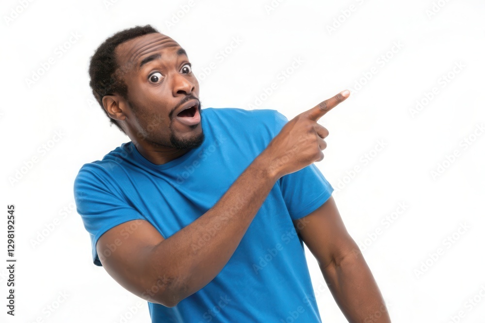 Surprised Man Pointing with Enthusiasm while Wearing a Blue T-Shirt in a Bright Studio