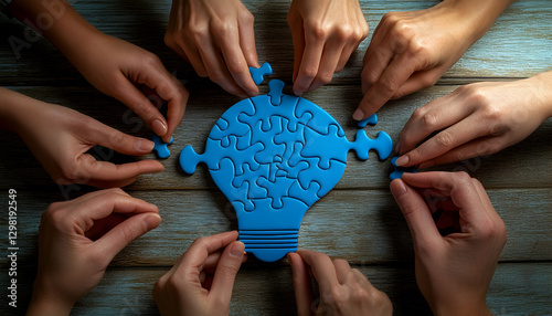 Hands assembling a blue puzzle piece shaped like a light bulb, symbolizing creativity and teamwork to solve problems.