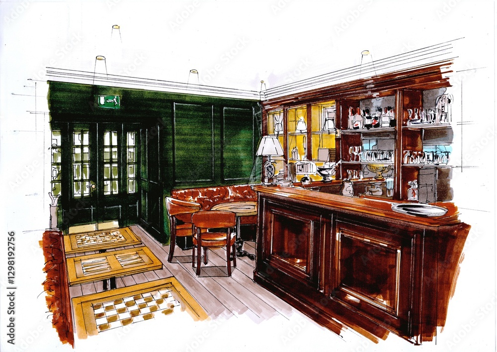 Fototapeta premium Hand drawn colour concept sketch for an interior.