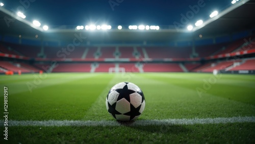 Football Academy. Soccer ball is sitting on grass in stadium