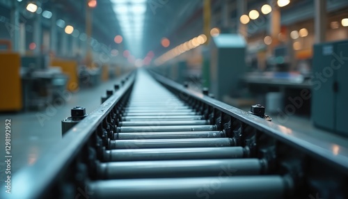 Close-up empty conveyer belt in factory. Production line idle. Steel automated industrial manufacture stationary machine at warehouse. Shutdown, production halt concept. Interior shot of