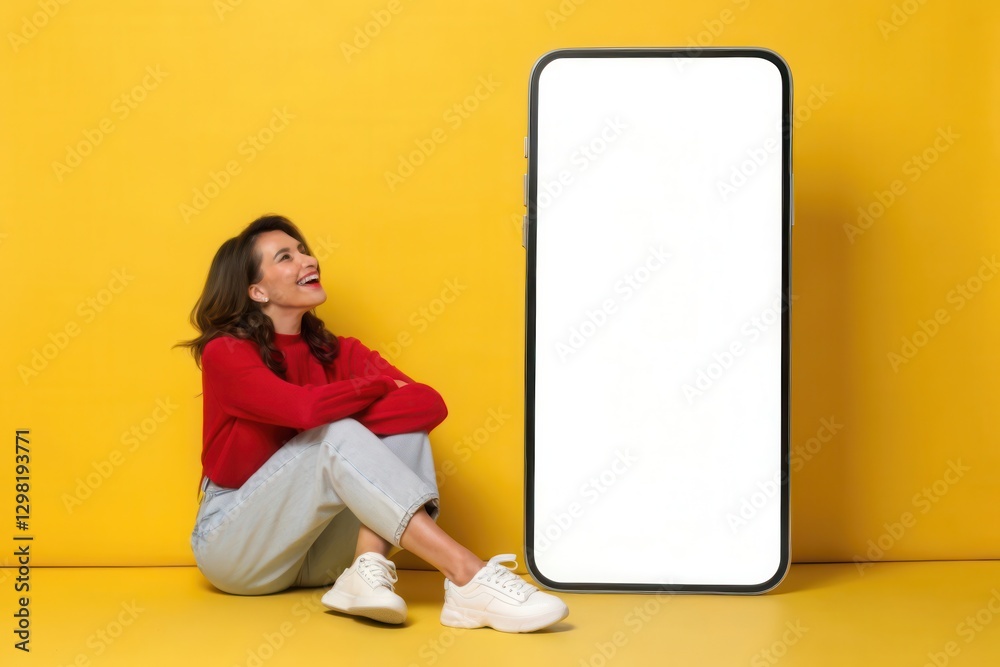 Vibrant and Lively Portrait of a Smiling Woman in a Red Sweater Next to a Giant Smartphone Vibrant and Lively Portrait of a Smiling Woman in a Red Sweater Next to a Giant Smartphone