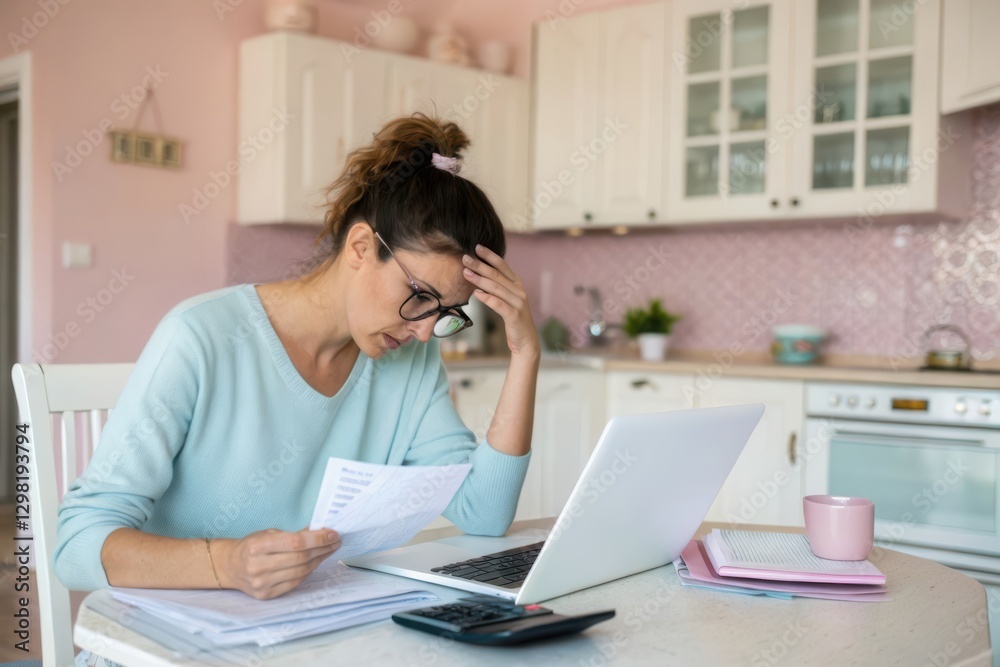 Obraz premium Woman Experiencing Stress While Working in a Cozy Kitchen Environment at Home